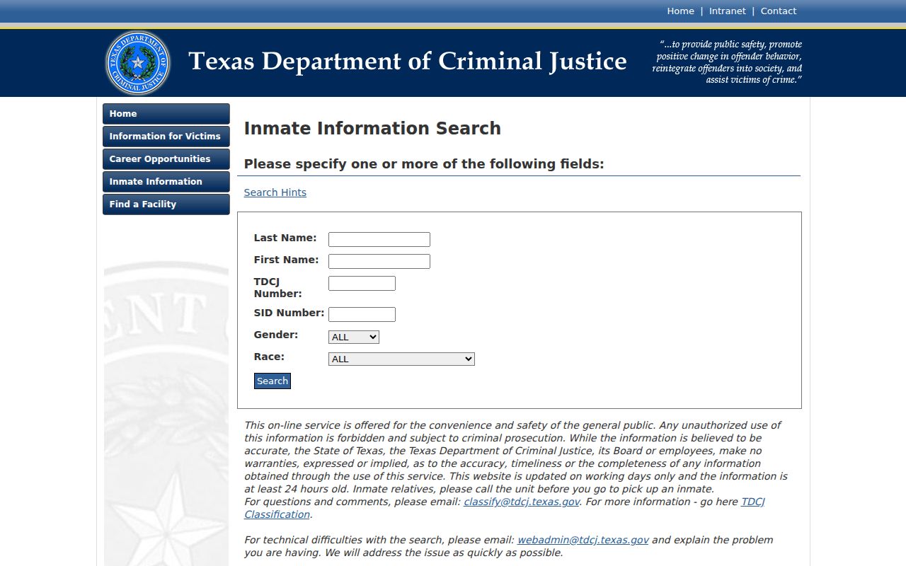 TDCJ state inmate fields for a Glasscock County arrest search